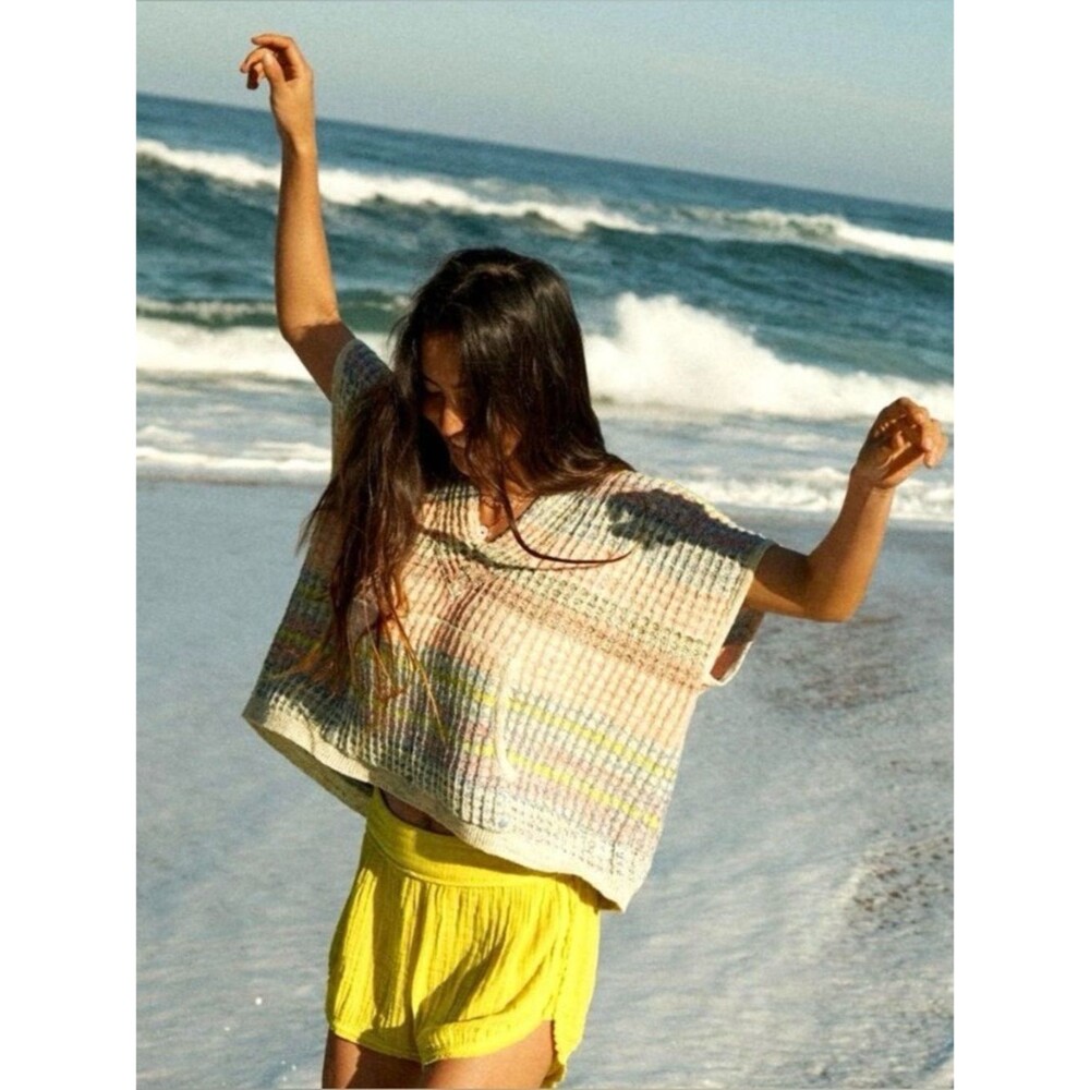 Daily Practice x Anthropologie Pastel Thermal Knit Hooded Short Sleeve Sweater M